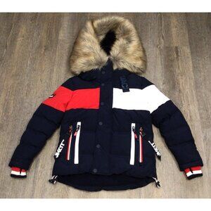 Jack1t Blue Red Down Parka Jacket Ski Women’s Large Fur Hood Heavy Warm